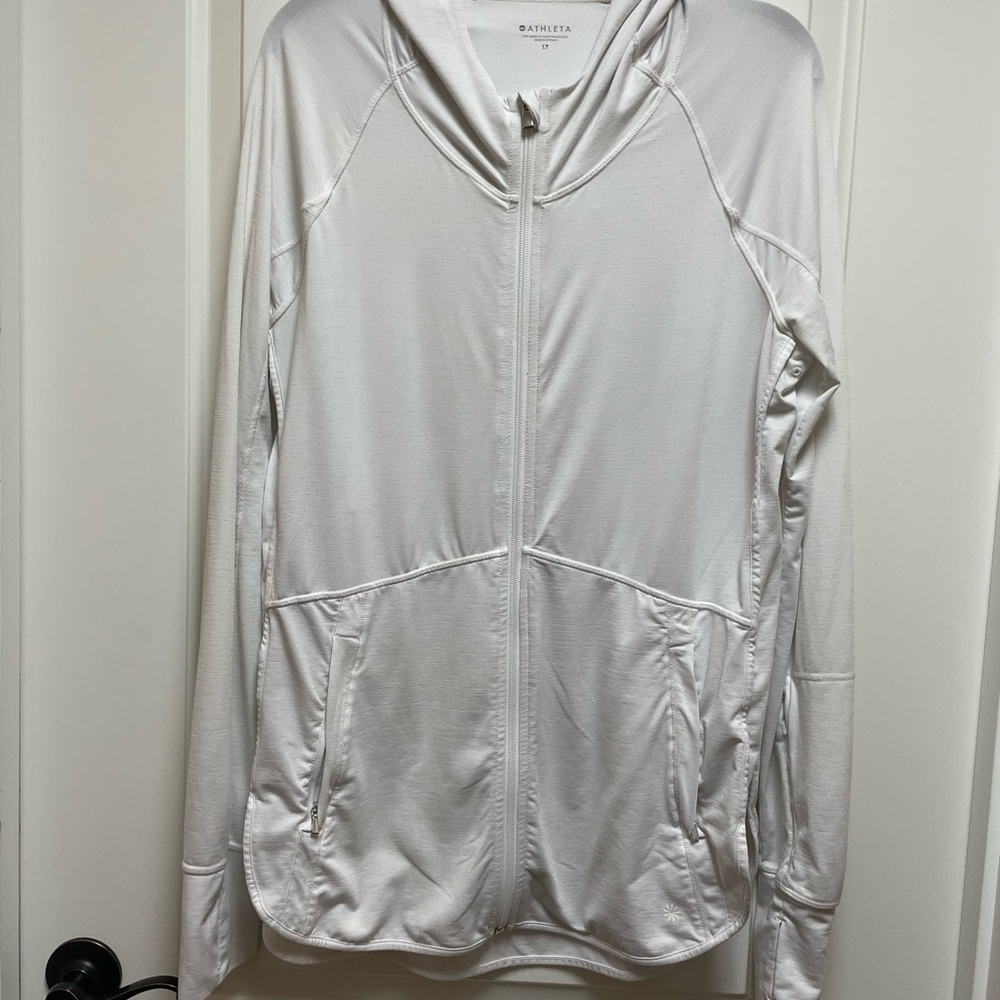 Athleta Large White Performance Knit Hoodie Large Pockets Thumb Holes - Picture 2 of 7